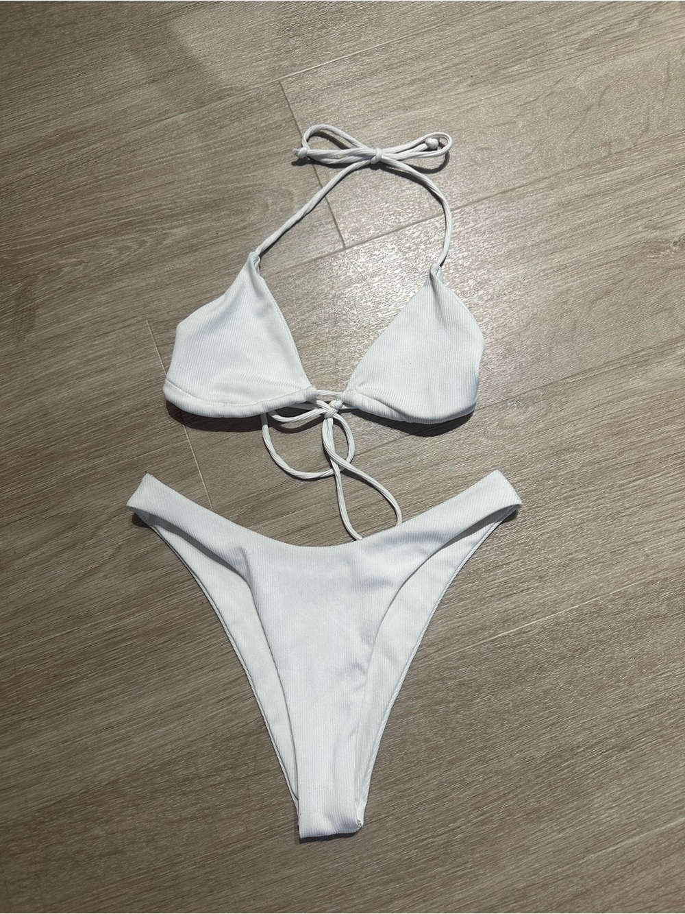SHEIN White Ribbed Triangle Halter Bikini